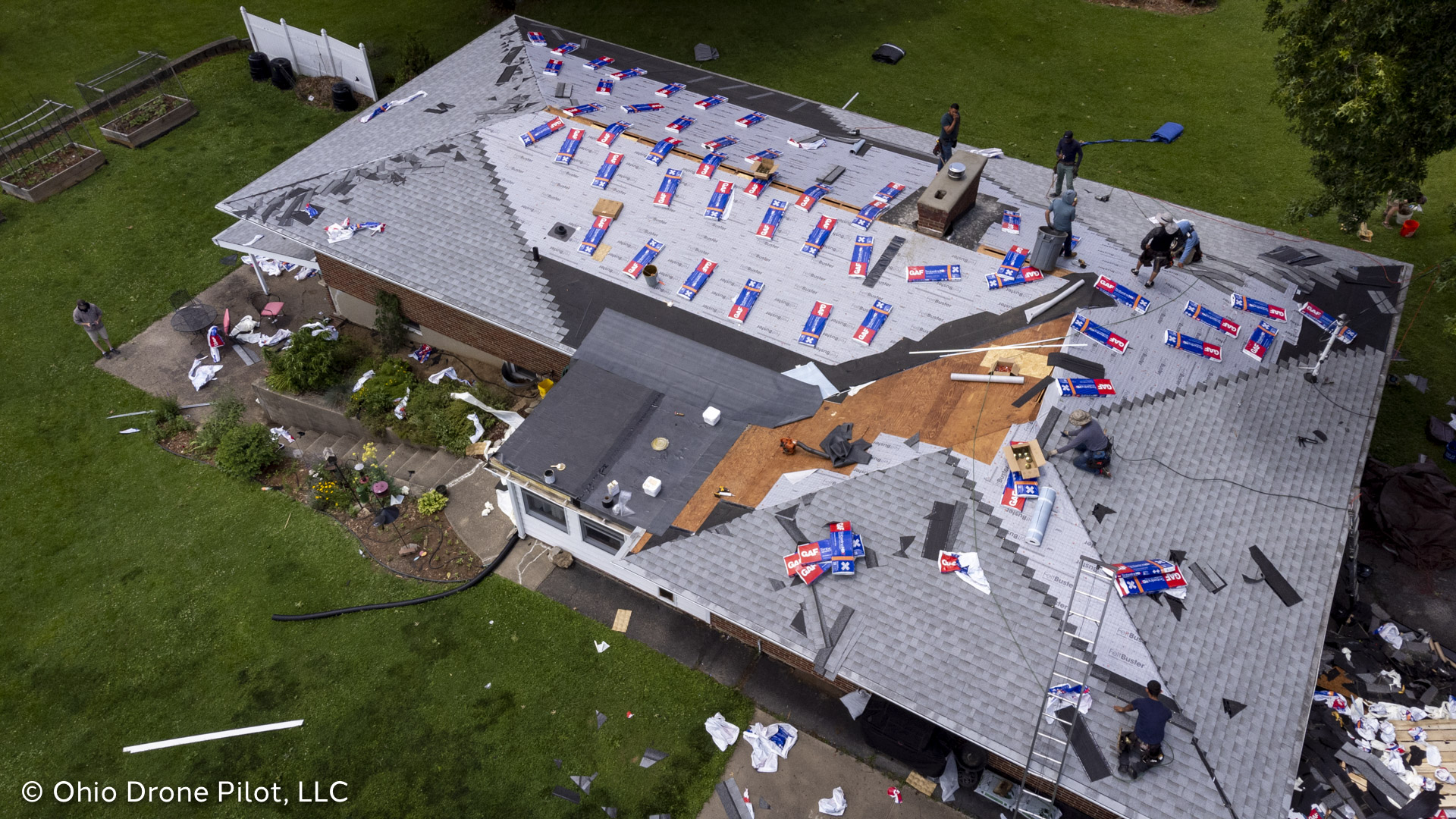 An aerial view of a roof being re-shingled, © Ohio Drone Pilot, LLC