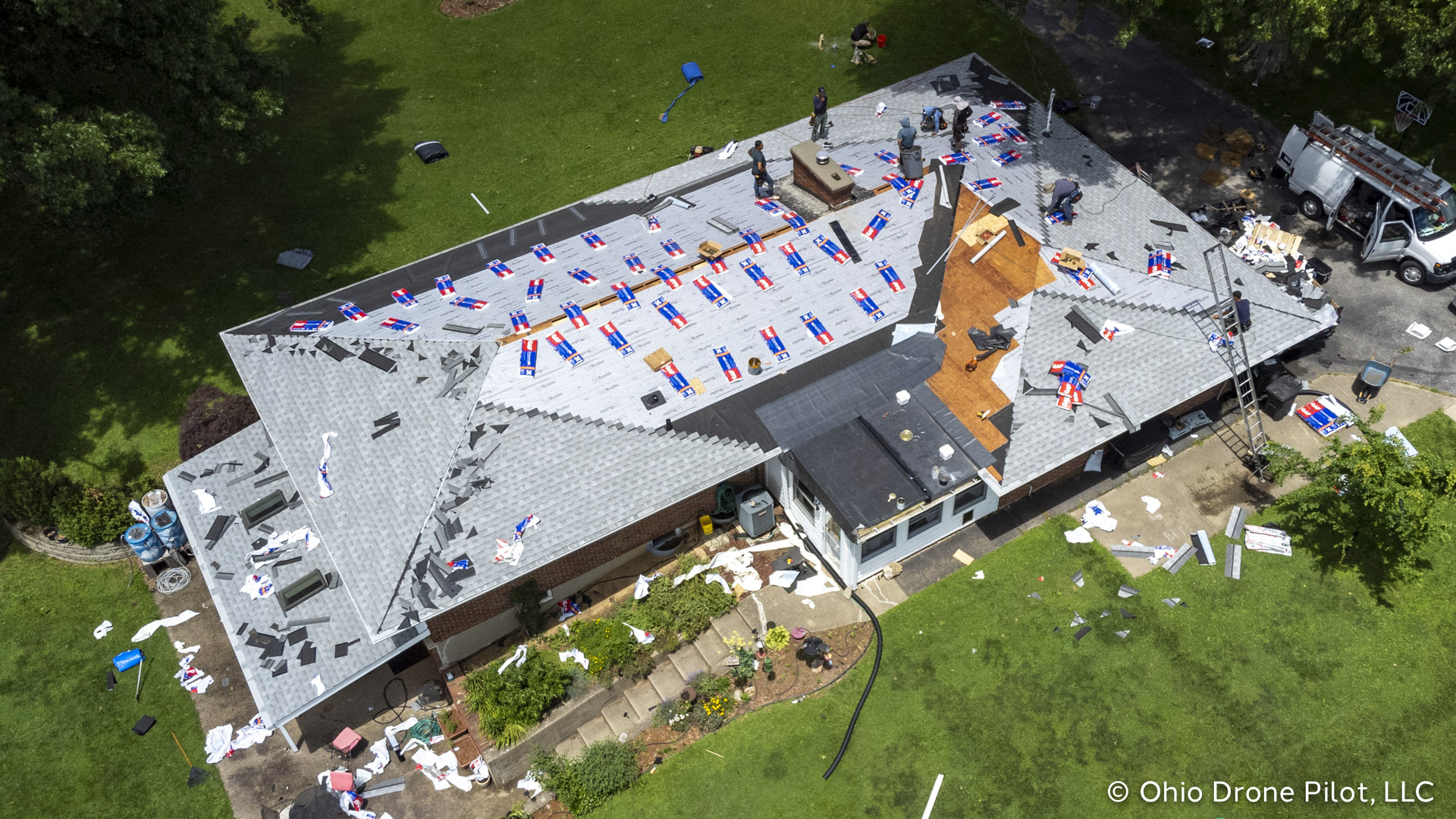 High angle aerial view of a roof replacement in progress, © Ohio Drone Pilot, LLC