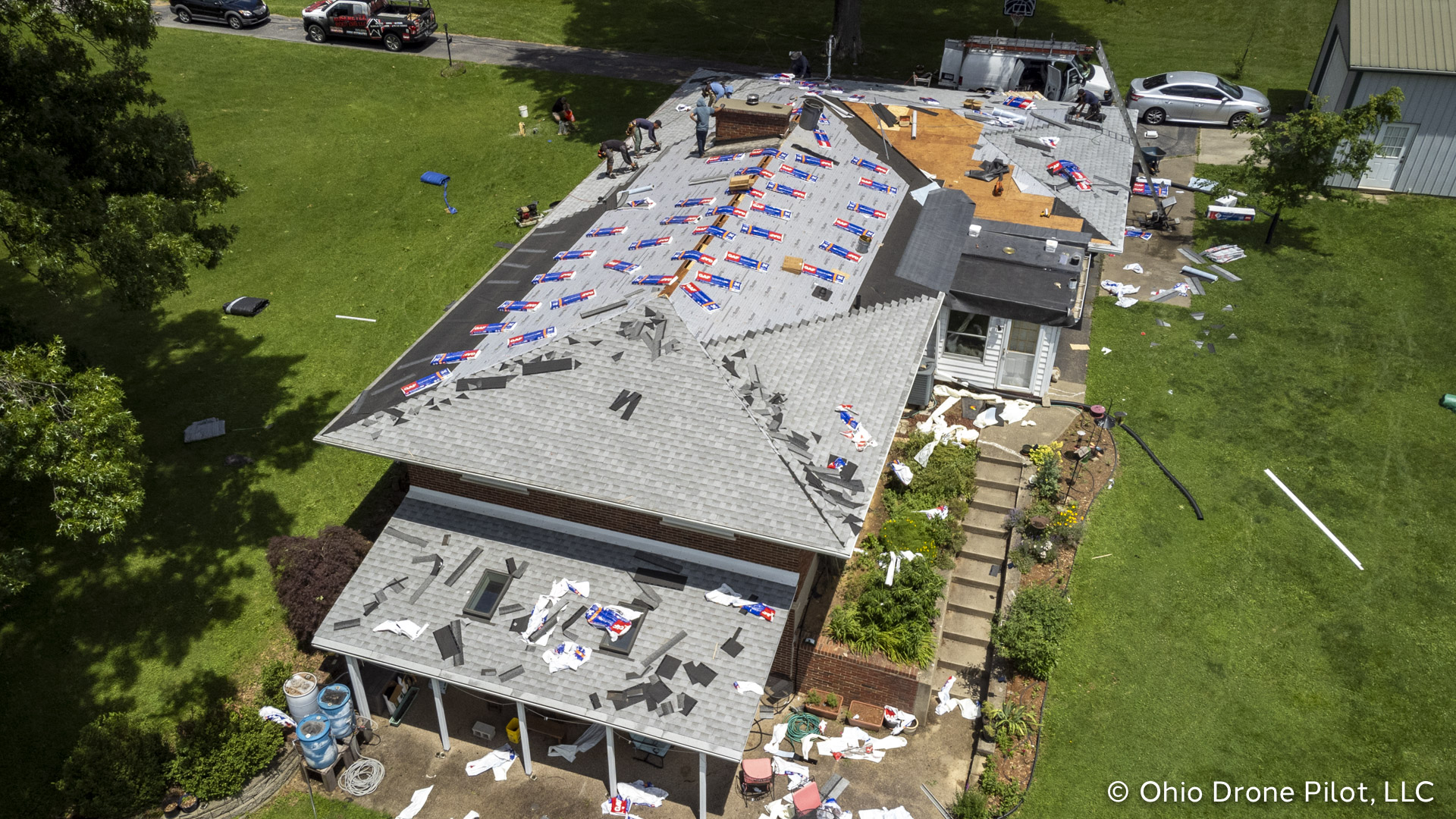 Aerial view of roof in the middle of shingling, © Ohio Drone Pilot, LLC