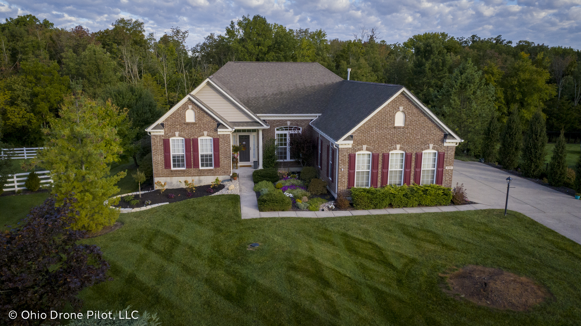 Front side of a lovely suburban home seen from an elevated view