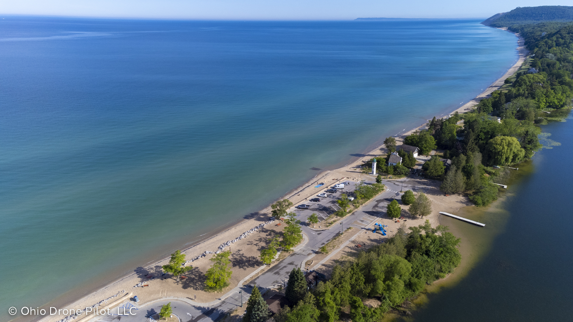 Aerial view looking north along Empire Beach towards Sleeping Bear Dunes