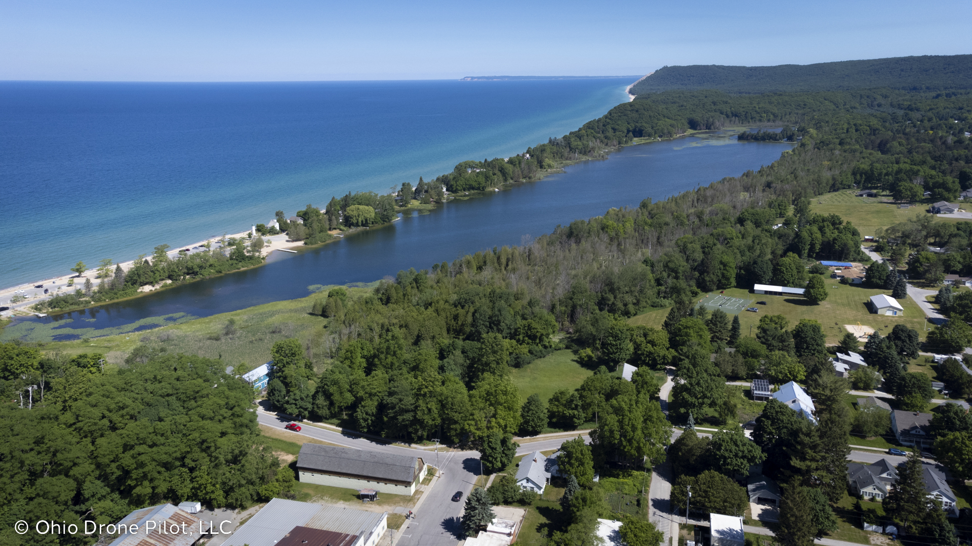 Aerial photo of the pond behind Empire Beach with Lake Michigan in the background