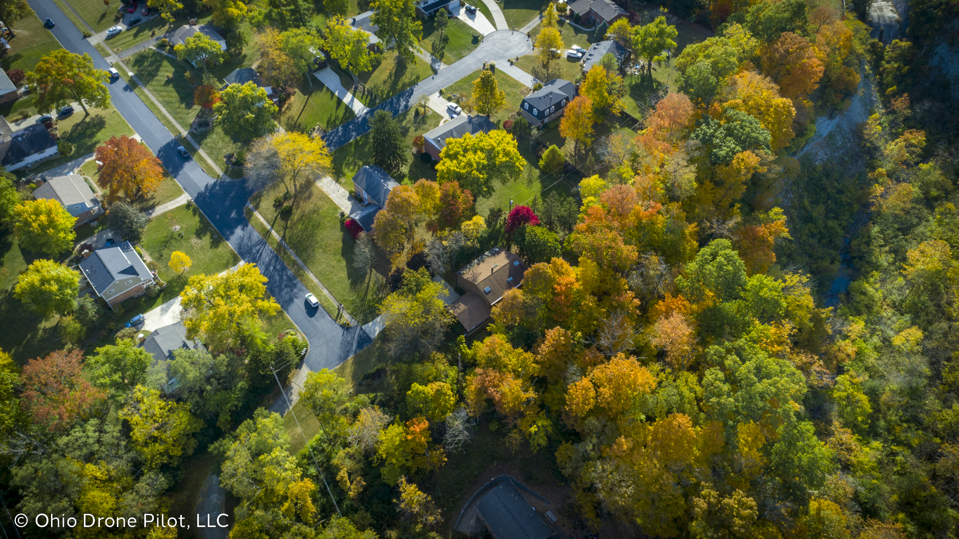 A wide aerial view of a suburban area bordered by woods