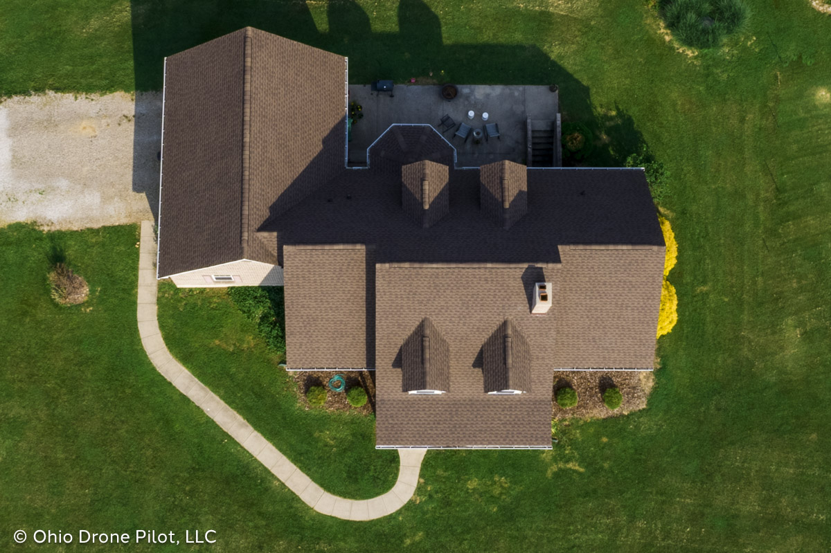 Top down aerial view of a newly installed roof by Rosemeyer Roofing